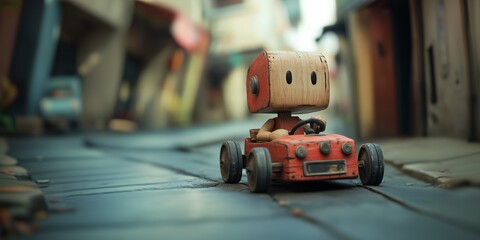 Fototapeta premium A charming wooden toy car navigating through a whimsical miniature city on a peaceful afternoon