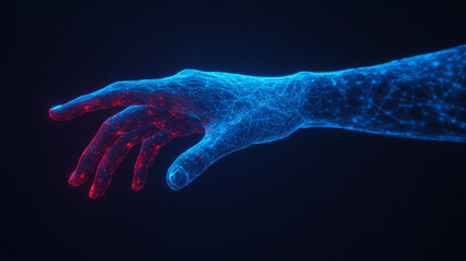 Futuristic glowing hand in blue and red tones, showcasing digital technology and innovation against a dark background.