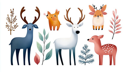 Serene Christmas scene featuring colorful reindeer and forest animals surrounded by leaves and branches, evoking whimsical and festive atmosphere