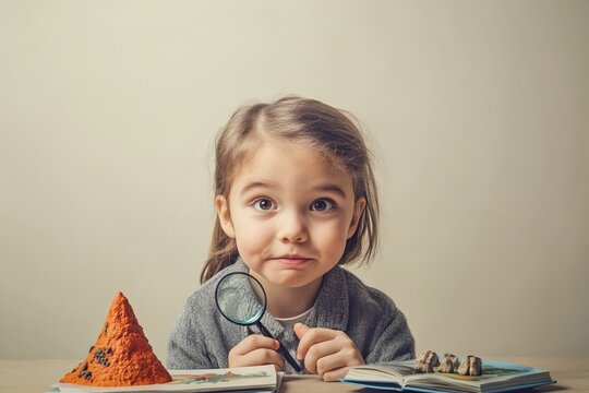 Little girl studying fossils and a volcano model using a magnifying glass, exploring paleontology and geology concepts in a playful and educational setting - Powered by Adobe