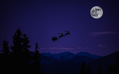 Fairytale story: Santa Claus's carriage pulled by reindeer carries Christmas presents at night...