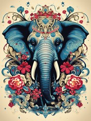Blue Elephant with Ornate Crown and Flowers