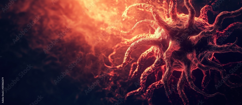 Poster microscopic view of virus with tentacle-like structures, glowing background