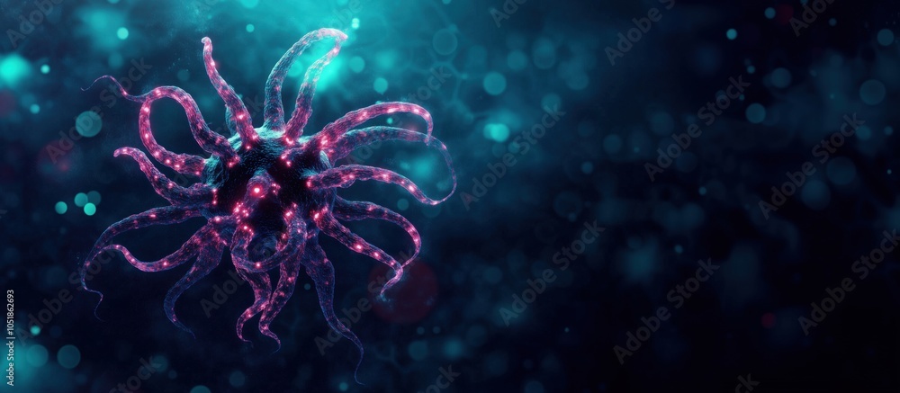 Poster colorful abstract representation of a virus with tentacle-like structures