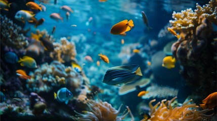 Obraz premium diverse school of fish darting through a coral reef, focus on the fish’s fluid movement, the rich textures of the corals