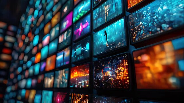 A wall of multiple television screens displaying different channels and news. A media concept for information overload and digital communication