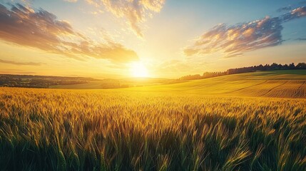 Fototapeta premium Golden Fields at Sunset with Dramatic Sky