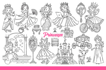 Little princesses in crown and beautiful dress, near fairytale castles or mirrors. Teenage girls playing princesses from children fairy tales and stories about magical land. Hand drawn.