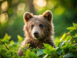 Fototapeta premium Close-Up of a Brown Bear Cub in the Forest - Minimalist Photography in Bucegi Mountains, Romania