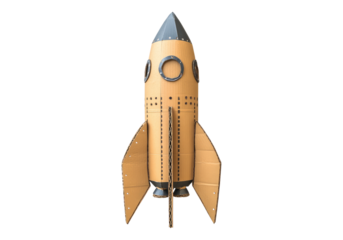 Photo of cardboard rocket ship .Transparent background. Isolated PNG.