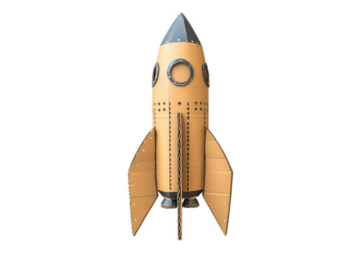 Photo of cardboard rocket ship .Transparent background. Isolated PNG.