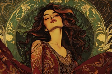 Fototapeta premium Artistic image of a single boho style woman in a long dress, facing forward, head tilted down and to the left, jewel tone colors