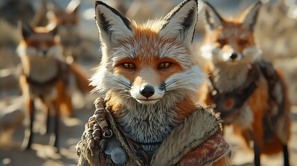 Fototapeta premium Red Fox with Intricate Fur and Accessories Looks Directly at Camera.