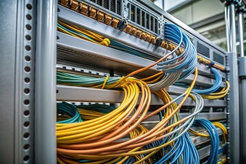 Close-up of Network Cables in a Server Rack at Dusk - Minimalist Data Center Photography