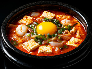 Studio image of Korean sundubu-jjigae, a spicy soft tofu stew served in a hot stone bowl, with pieces of soft tofu, egg yolk, and seafood in a rich red broth