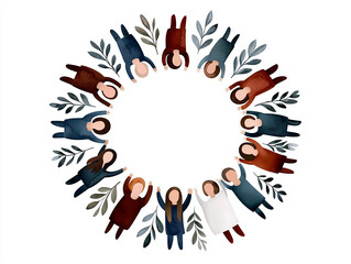 Fototapeta premium Joyful people singing together in circular arrangement, surrounded by leaves, creating festive and harmonious atmosphere. This illustration captures spirit of community and celebration