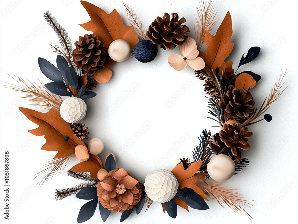 Wall mural beautiful christmas wreath featuring mix of pinecones, leaves, and decorative ornaments in warm autu