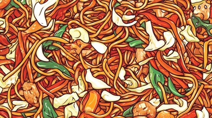 Sizzling Yakisoba Noodles in a Pan Close-Up