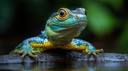 Fototapeta premium A vibrant, close-up view of a colorful frog resting by water.