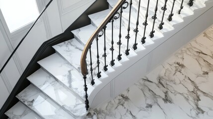 A close-up view from above, focusing on the wrought iron railing and marble steps of a stylish staircase. Space on the left for text or graphics.