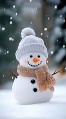A smiling snowman stands against a snowy backdrop, adorned with a brown scarf and hat, surrounded by winter trees and snowflakes