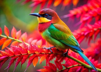 Obraz premium Colorful Bird Perched on Red Tree Branch in Aerial Photography, Capturing the Beauty of Wildlife in Nature