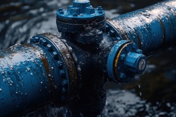 Old big drink water pipes joined with new blue valves and new blue joint members
