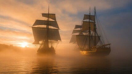 Fototapeta premium Majestic Ships Sailing in Misty Sunrise Light