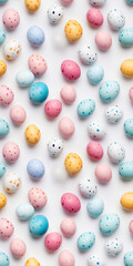 Fototapeta premium Vertical bright colored symmetrical eggs, top view on a white background. Seamless pattern vertical for Easter greetings, cards and web resources.
