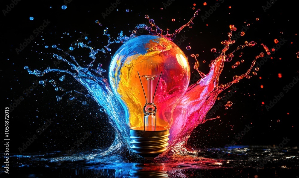 Poster lightbulb idea concept with colorful liquid of splashing unique creative idea on black background
