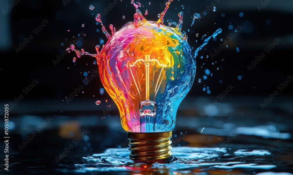 Sticker lightbulb idea concept with colorful liquid of splashing unique creative idea on black background
