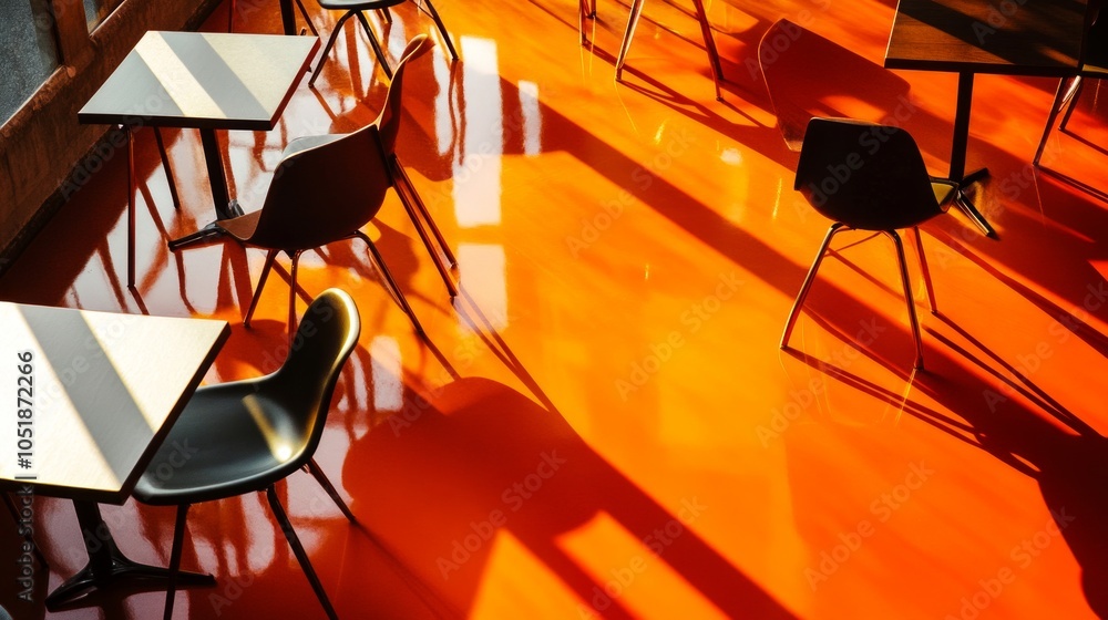Poster a vivid cafe with contemporary chairs, square tables, and a vibrant orange floor reflecting subtle p