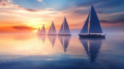 Fototapeta premium Serene Sunset with Sailboats on Calm Water