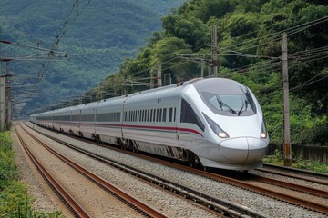 Fototapeta premium High speed train runs on rail tracks - Train in motion