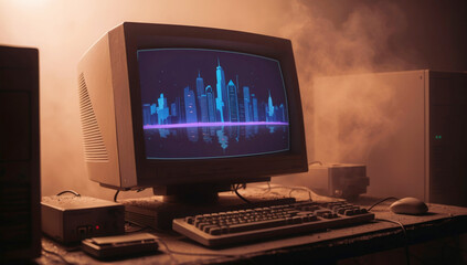 Computer monitor is on a desk with a keyboard and mouse. The monitor is displaying a cityscape with a glowing neon effect. The scene has a futuristic and somewhat eerie mood.