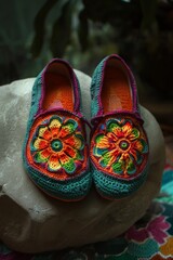 Colorful handcrafted crochet shoes with vibrant floral designs displayed on a stone surface in a natural light setting