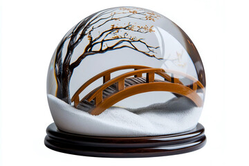 Fototapeta premium beautiful snow globe featuring small snowy bridge surrounded by delicate trees, capturing serene winter scene. intricate details evoke sense of tranquility and nostalgia
