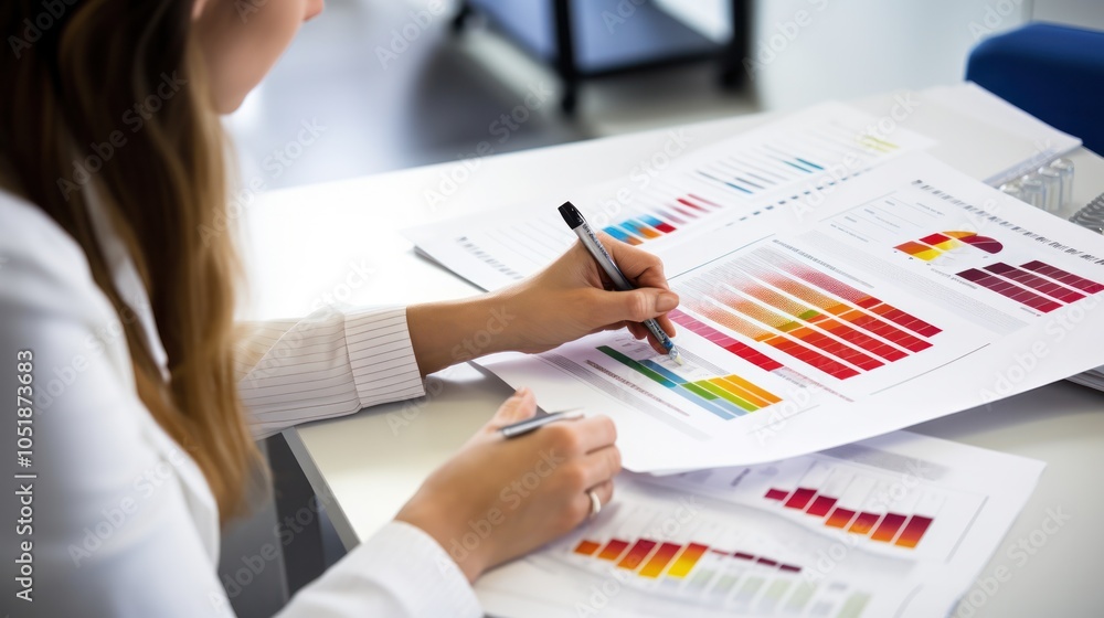 Poster view of a laboratory technician examining a hemoglobin typing test result sheet on a white counterto
