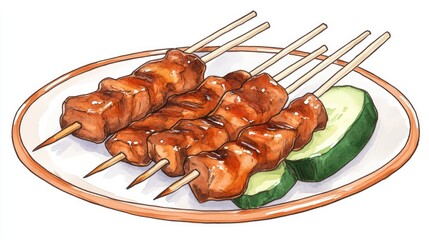 Delicious Yakitori Skewers on a Ceramic Plate