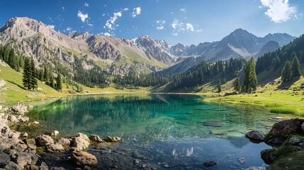 Crystal-clear stream cascades through a lush, mountainous forest, painting a serene landscape