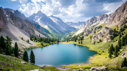 Crystal-clear stream cascades through a lush, mountainous forest, painting a serene landscape