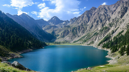 Crystal-clear stream cascades through a lush, mountainous forest, painting a serene landscape