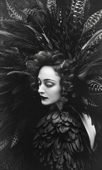 Black and White Portrait of an Elegant Woman with Large Feathered Hair, Vintage Glamour.