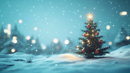 Snowy Winter Landscape with Christmas Tree and Lights