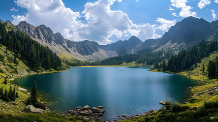 Fototapeta premium Crystal-clear stream cascades through a lush, mountainous forest, painting a serene landscape