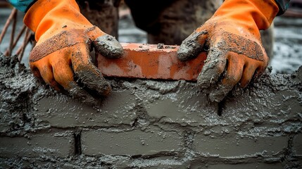 Close-up of bricklaying with worker wearing orange gloves