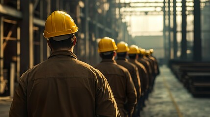 Fototapeta premium Construction workers walking in line through industrial facility