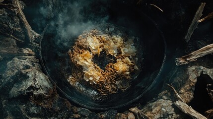 Top Down View of Yakisoba Noodles Cooking in a Wok