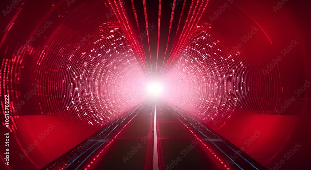 Poster a striking digital tunnel of cascading red binary code converges at a bright center against a black 