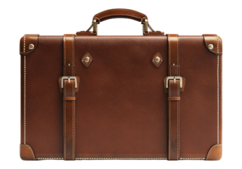 Photo of leather brown suitcase .Transparent background. Isolated PNG.